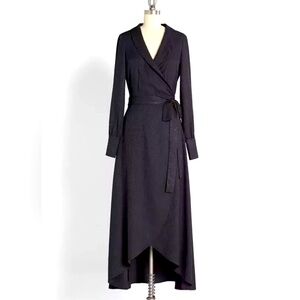 ModCloth Taking the Lead Maxi Wrap Dress Size Medium Black Dotted Jacquard